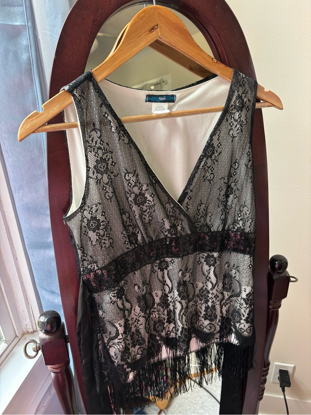Vintage 90s y2k Black Lace Fringe V-Neck Overlay Top